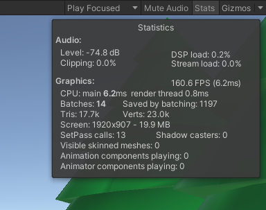 Onglet Statistiques Unity après optimisation du LOD