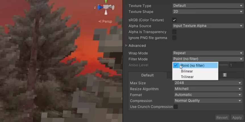 Paramètres d'importation d'images Unity pour un look rétro.