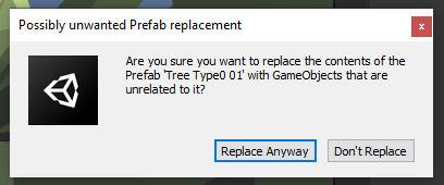 Message de confirmation de remplacement du préfabriqué Unity 3D
