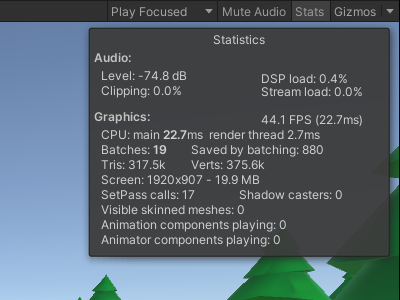 Onglet Statistiques Unity avant l'optimisation du LOD